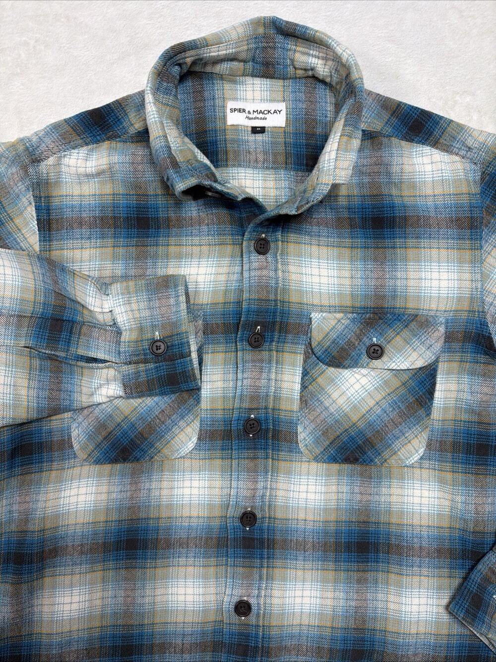 Spier & Mackay Handmade Flannel Shirt Medium Blue Cream Plaid Button Down